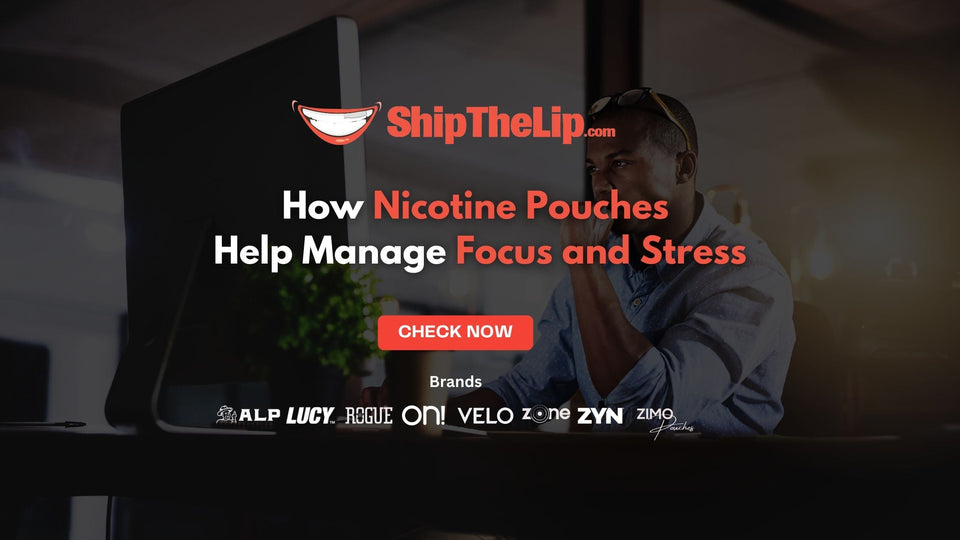 Person relaxing at a desk with nicotine pouch can, illustrating stress relief and focus