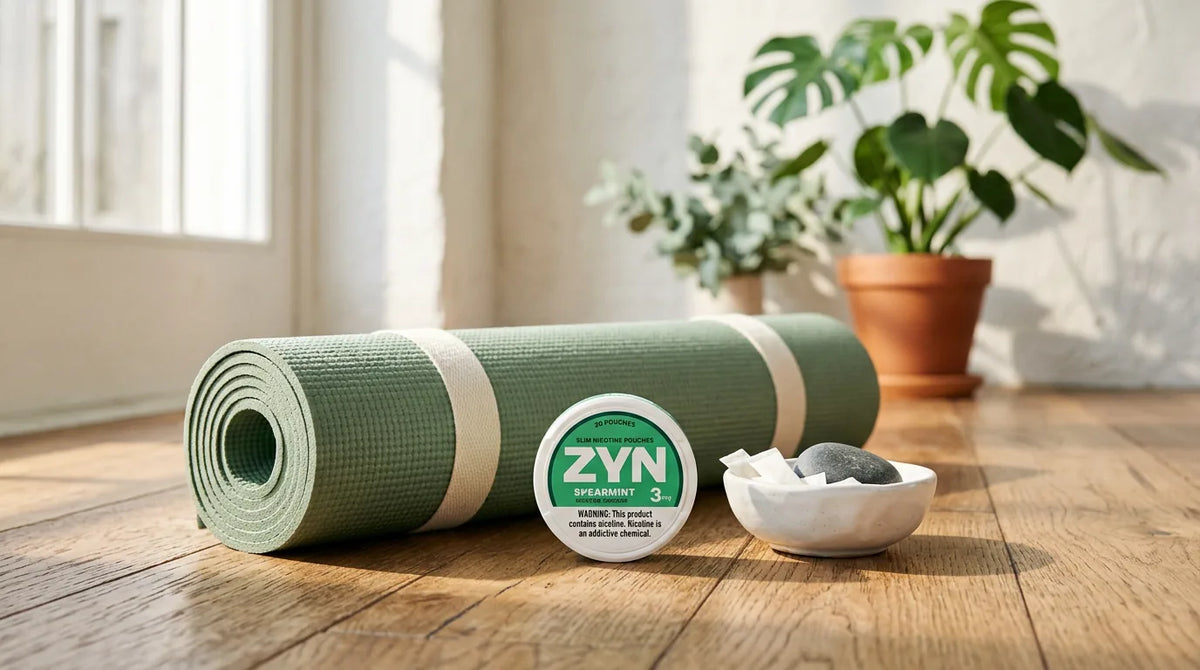 A ZYN slim nicotine pouch can placed beside a rolled yoga mat on a warm wooden floor with morning light and a green plant in the background — nicotine pouches and yoga wellness guide.