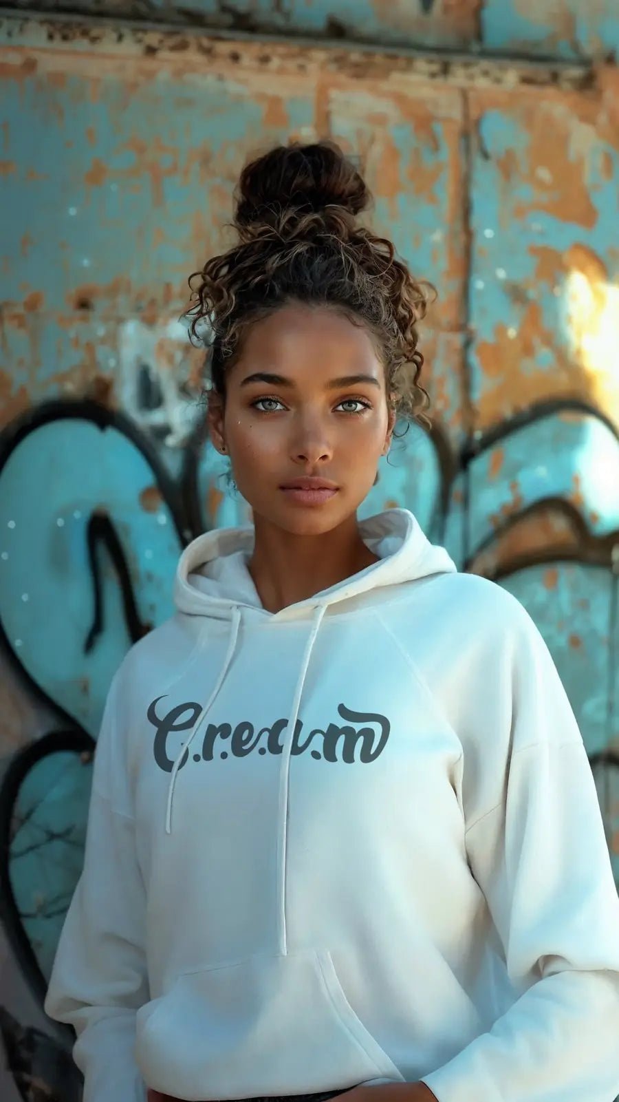 Woman in a white C.R.E.A.M hoodie in front of a graffiti wall