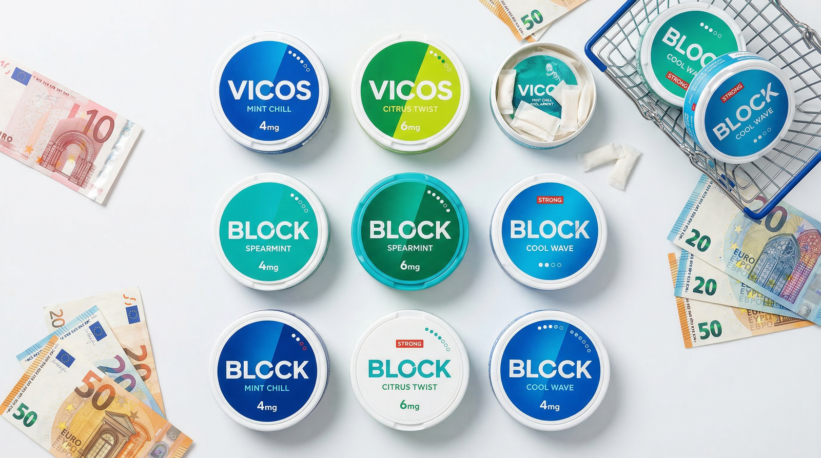 Nicotine pouch cans arranged in bulk with euro bills showing savings from buying in bulk