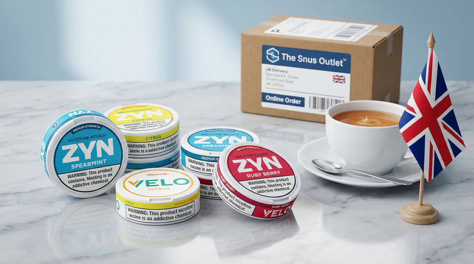Nicotine pouch cans with Union Jack flag and shipping box - buying guide for UK customers