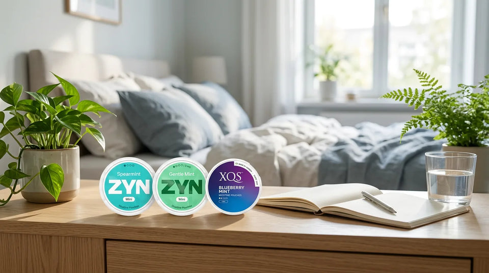 Can nicotine pouches cause depression: ZYN Spearmint Mini, ZYN Gentle Mint Mini and XQS Blueberry Mint low-strength cans on a bedside table in morning light