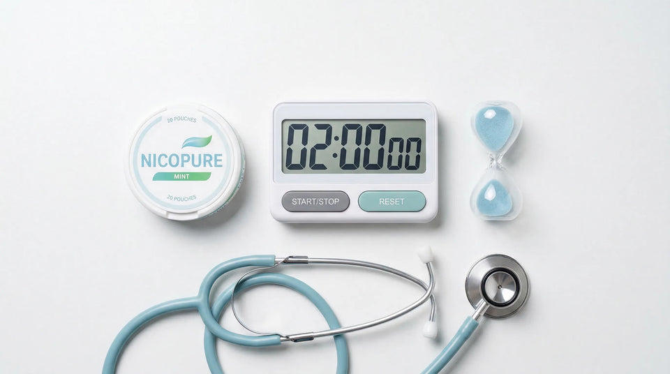Nicotine pouch can next to a timer and stethoscope illustrating how long nicotine stays in your system