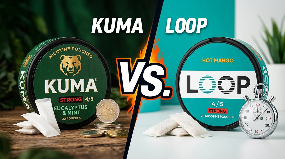 KUMA and LOOP nicotine pouch cans in a side-by-side VS. comparison — strength vs session duration 2026.