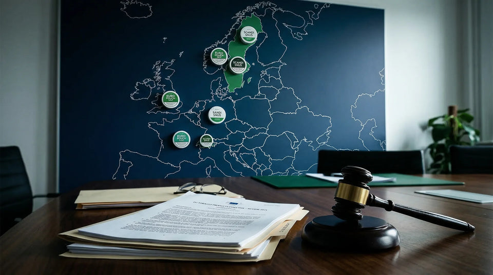 Nicotine pouch regulation map of Europe 2026 with legal documents and gavel