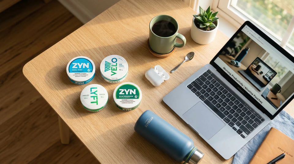 Nicotine pouches daily routine lifestyle flatlay with coffee laptop and gym accessories