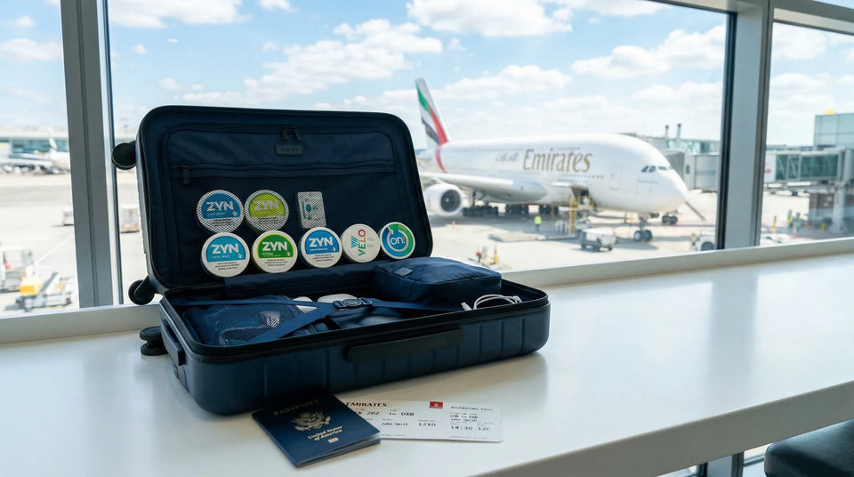 Nicotine pouch cans packed in carry-on luggage at an airport gate with airplane in background