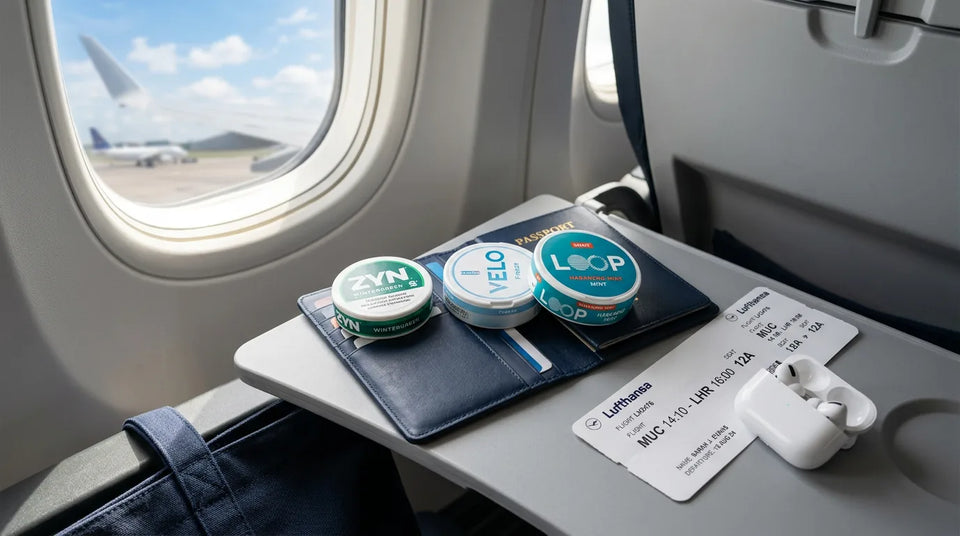ZYN, VELO and LOOP nicotine pouch cans on a passport and Lufthansa boarding pass on an airplane tray table — travelling with nicotine pouches guide.