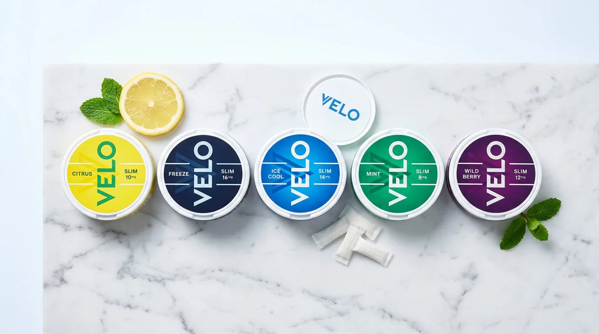 Five VELO nicotine pouch cans — Citrus, Freeze, Ice Cool, Mint, Wild Berry — on white marble with pouches and mint leaves. VELO review 2026.